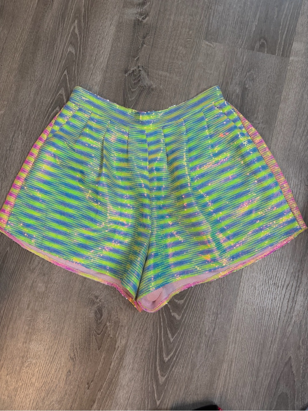 QUEEN OF SPARKLES Neon Green, Blue & Pink High-Waist Women’s Shorts